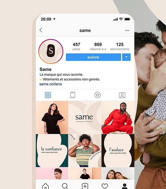 feed instagram de la marque same présentant plusieurs photographies de personnes habillées de vêtements non genrés.