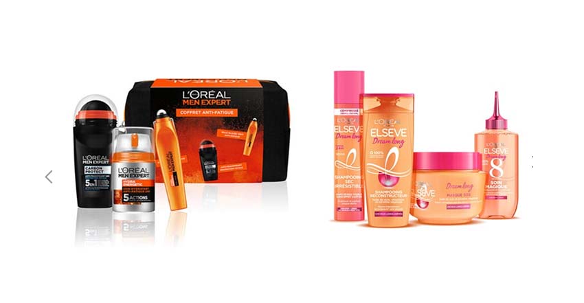 À gauche, trois produits de cosmétiques au packaging noir et le texte en orange. À droite les cosmétiques estampillés 