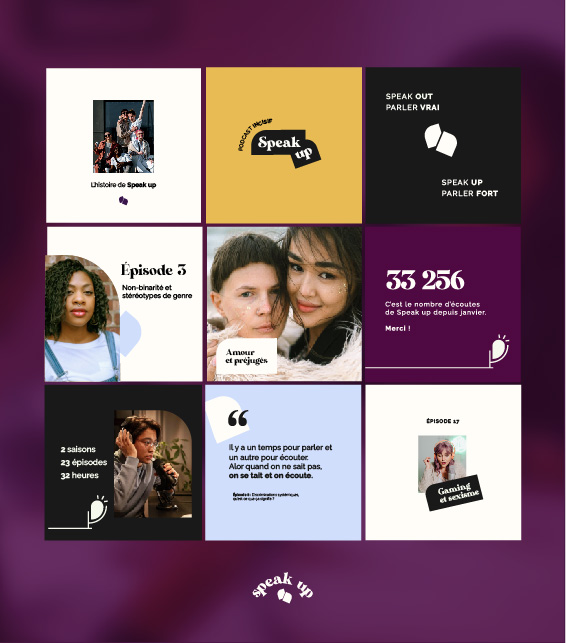 exemples de 9 publications instagram posé sur un fond violet foncé