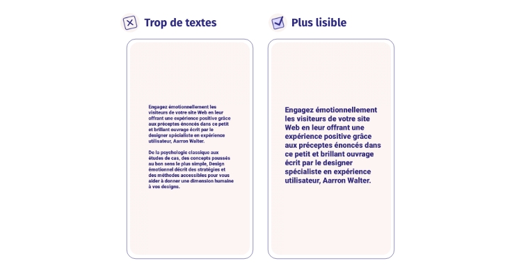 Deux exemples de stories instagram avec fonds beige clairs et textes bleu. Celle de gauche a trop de texte et le contenu est illisible, celle de droite en a moins et est plus lisible.