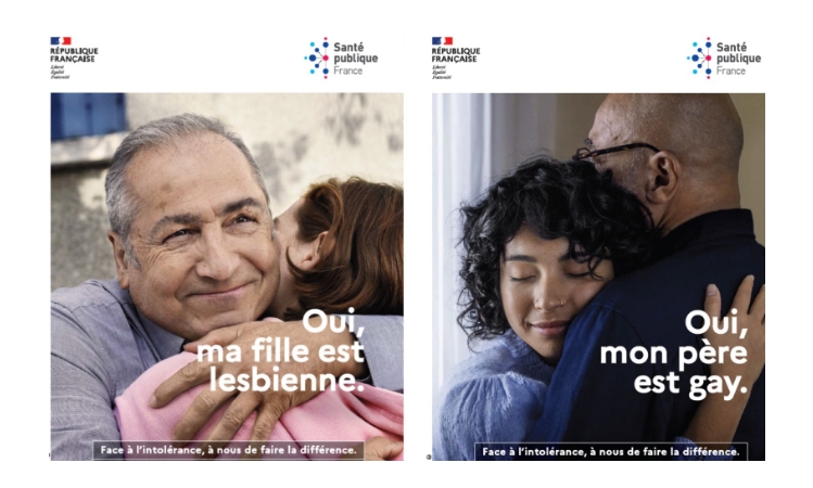 deux affiches de la campagne anti lgbtphobies. La 1ere représente un homme d'une cinquantaine d'année, de face, prenant dans ses bras une jeune femme, dont on ne voit pas le visage. Il est noté 