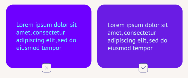 Exemples de vibration des couleurs entre-elles. À gauche, un texte jaune soleil est écrit sur un fond violet flashy. À droite, un texte en jaune plus léger sur un fond violet moins flashy.