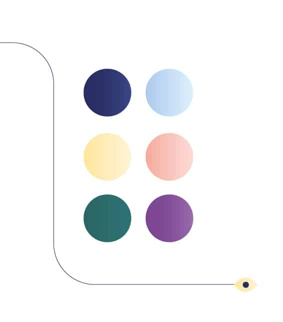 Palette de couleurs du PPR Autonomie : bleu foncé, bleu clair, jaune, saumon, vert bouteille et violet.