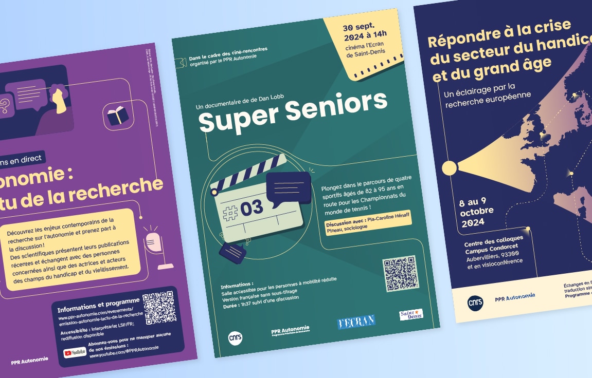 3 affiches présentant 3 évènements du PPR Autonomie : les lives youtube, une projection de film, un évènement international.