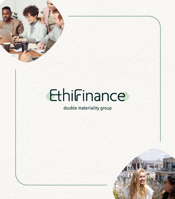 Logotype Ethifinance posé sur un fond blanc avec dans les coins 2 photos de groupe, chacune dans une forme de losange aux coins arrondis.