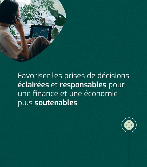 Dans l'angle gauche, photo d'une personne assise devant un ordinateur présentant un graphique. Au centre du visuel est écrit "Favoriser les prises de décisions éclairées et responsables pour une finance et une économie plus soutenables".