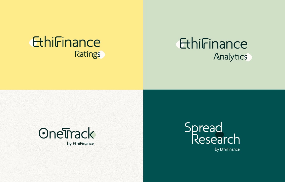 Quatre logotypes des entités Ethifinance : Ratings, Analytics, OneTrack et Spread Research.