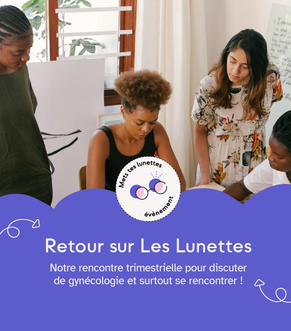 Retour sur les Lunettes écrit en blanc sur un fond parme, avec au dessus une photo de groupe de personnes travaillant.
