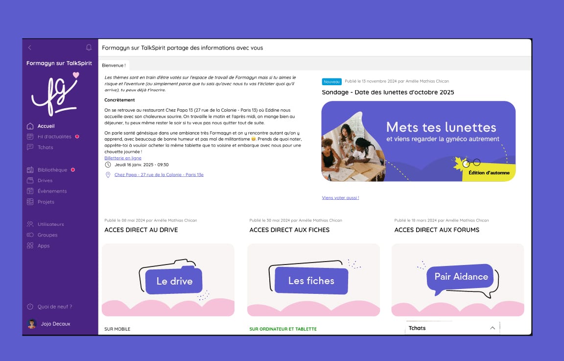 Extrait de la plateforme Talkspirit à la charte Formagyn.