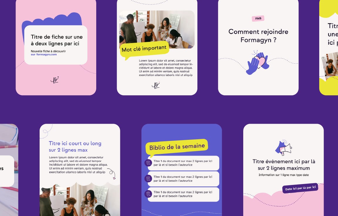 Extrait de templates graphiques pour l'instagram de Formagyn sur fond violet foncé
