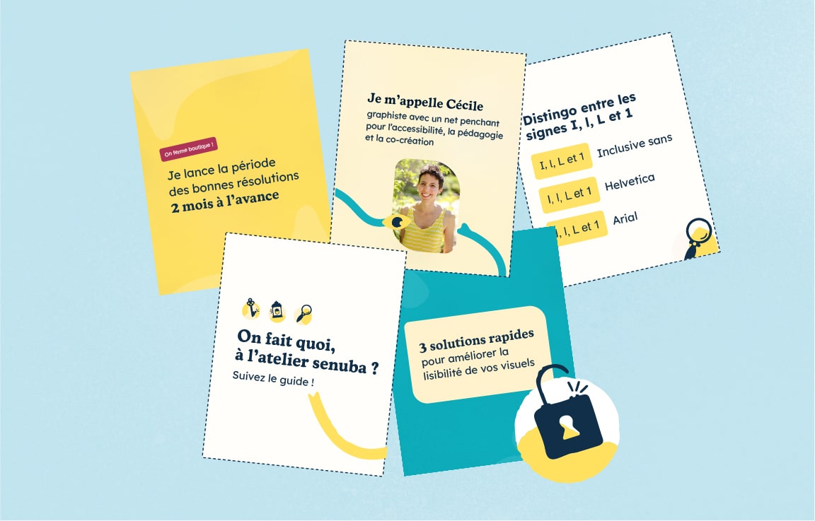 Exemples d'usage de l'identité visuelle de l'atelier senuba sur des formats verticaux.