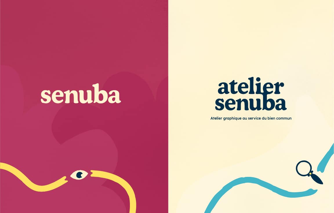 Logotype "atelier senuba" positionnés sur deux fonds de couleur différente (magenta à gauche et beige à droite). Par dessus les fonds, des lignes organiques et arrondies partent des angles de l'image pour venir encadrer une icône oeil à gauche ou loupe à droite.