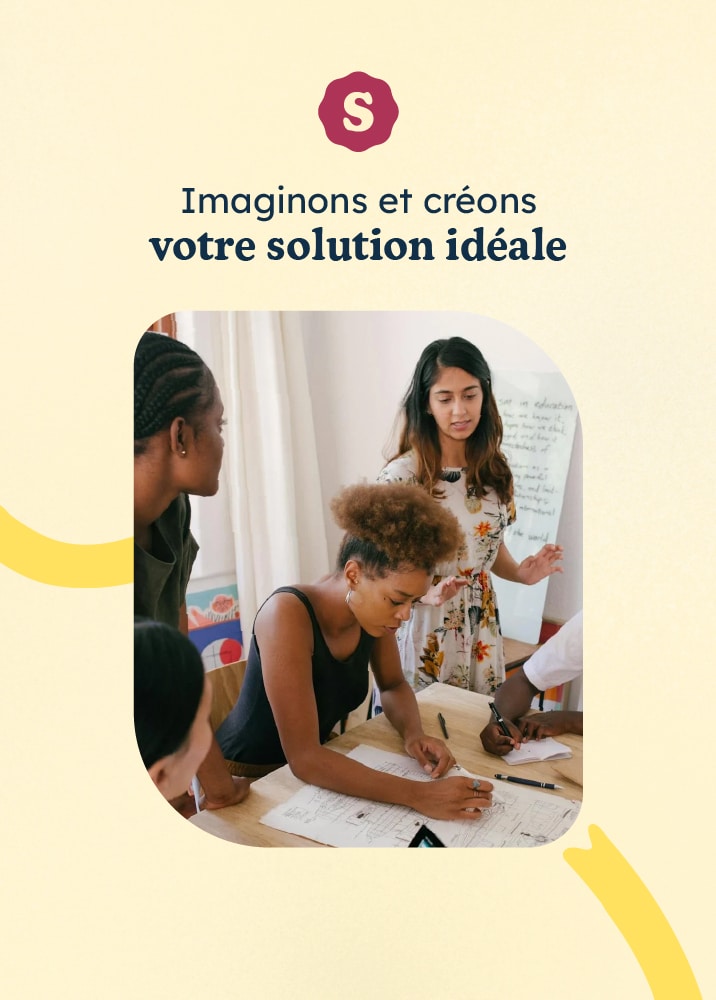 Imaginons et créons votre solution idéale écrit en bleu sur un fond beige. Dessous une photo montre un groupe de personnes discutant