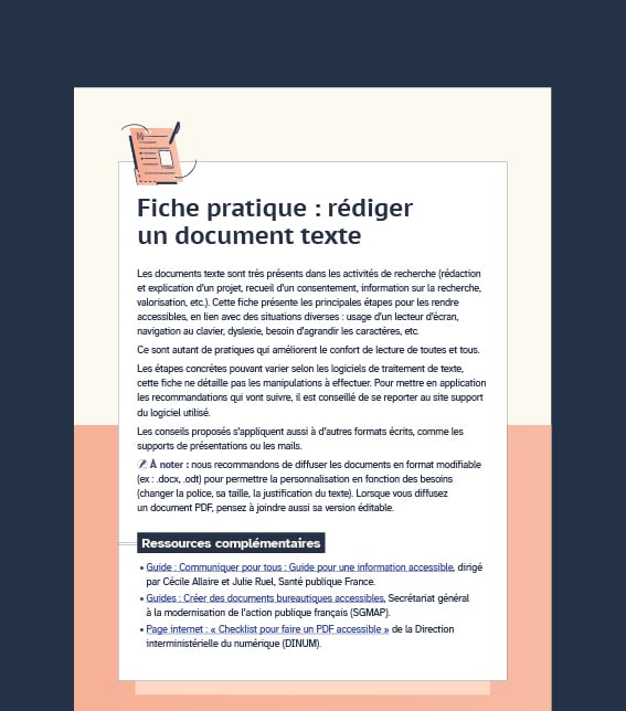 Exemple de la mise en page de la page "Fiche pratique : rédiger un document texte" avec une icône placée en haut et le texte en dessous.
