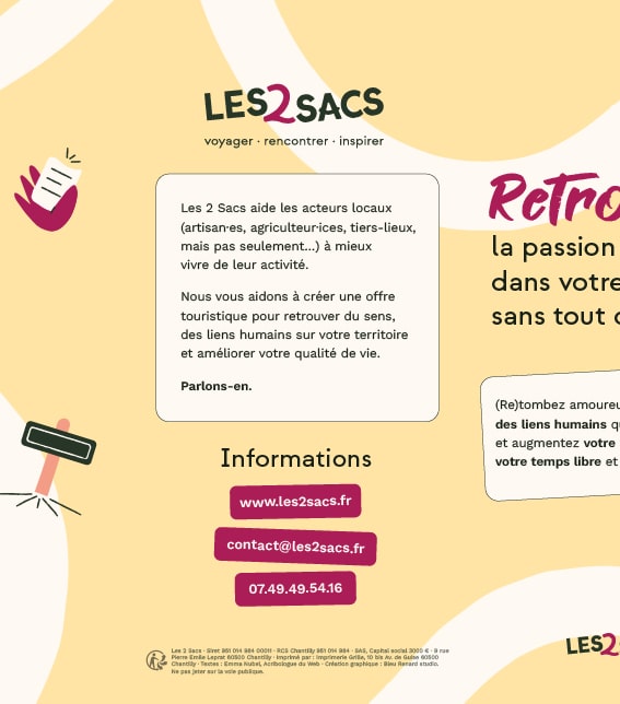 Extrait du verso du dépliant les 2 sacs avec les informations de contact.