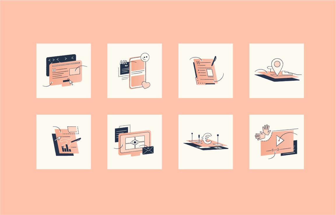 8 icônes orange et bleu foncé chacun représentant des thématiques (web, réseaux sociaux, rédaction, événements, vidéos...) et les outils ou les besoins pour améliorer l'accessibilité (sous-titres, textes agrandis, textes alternatifs).