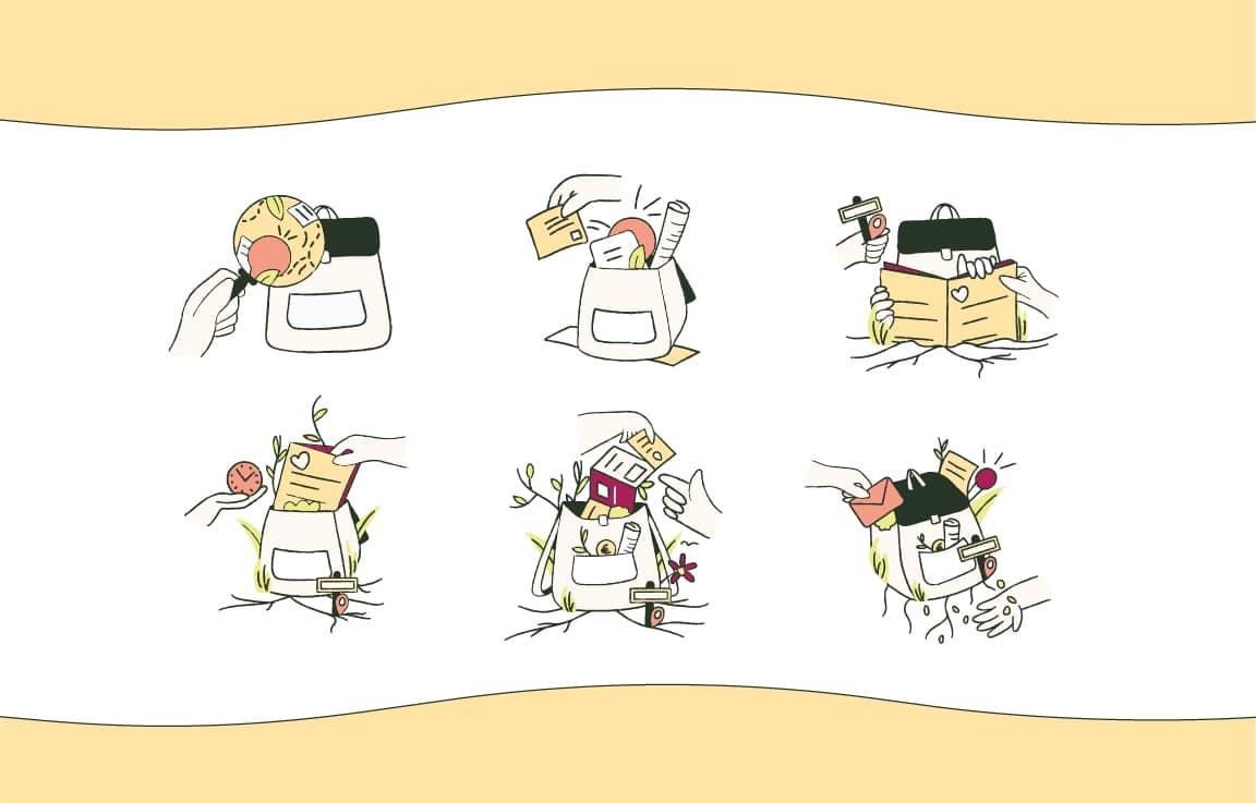 6 illustrations aux traits dans des couleurs blanc, vert foncé et magenta. Chacune comporte un sac à dos qui petit à petit se remplie de différents éléments : documents, boussole, pièce, plantes...